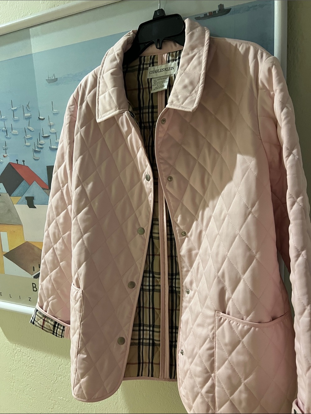 Charles Klein  Light Pink Quilted Puffer Jacket with Plaid Lining